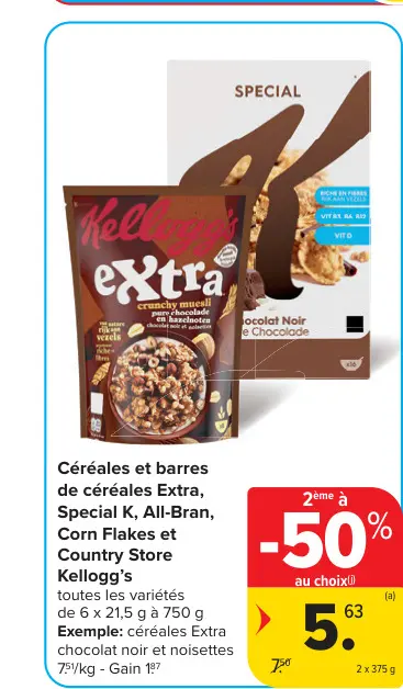 Offre: Céréales et barres de céréales Extra, Special K, All-Bran, Corn Flakes et Country Store
