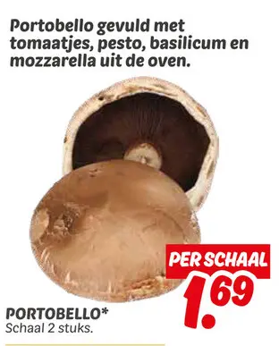 Aanbieding: Portobello gevuld met tomaatjes, pesto, basilicum en mozzarella uit de oven