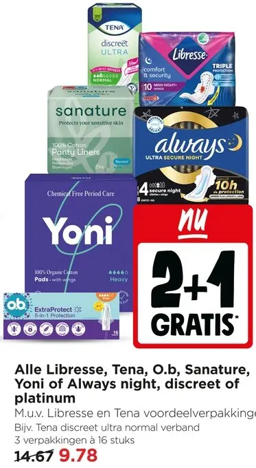 Aanbieding: Libresse, Tena, O.b, Sanature, Yoni of Always night, discreet of platinum