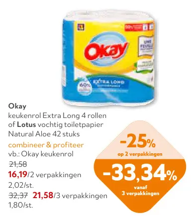 Promotie: Okay keukenrol Extra Long 4 rollen of Lotus vochtig toiletpapier Natural Aloe