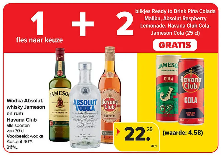 Aanbieding: Wodka Absolut, whisky Jameson en rum Havana Club + 2 GRATIS mixdrankjes