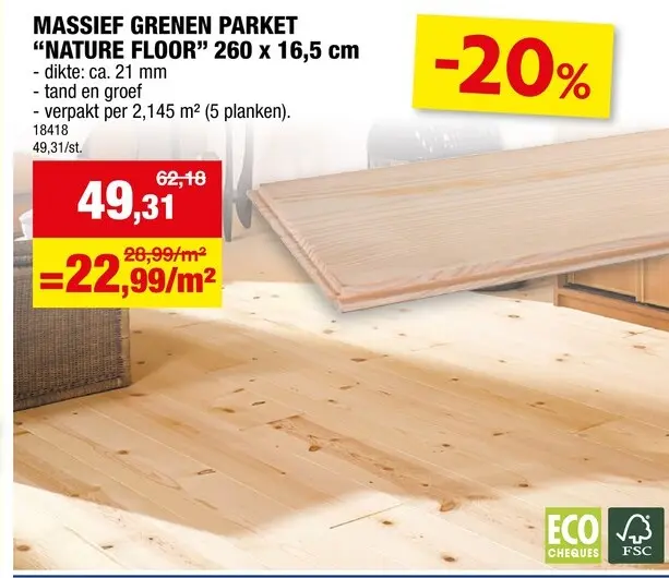 Promotie: Parket Nature Floor 260x16,5x2 cm massief grenen 2,145m²