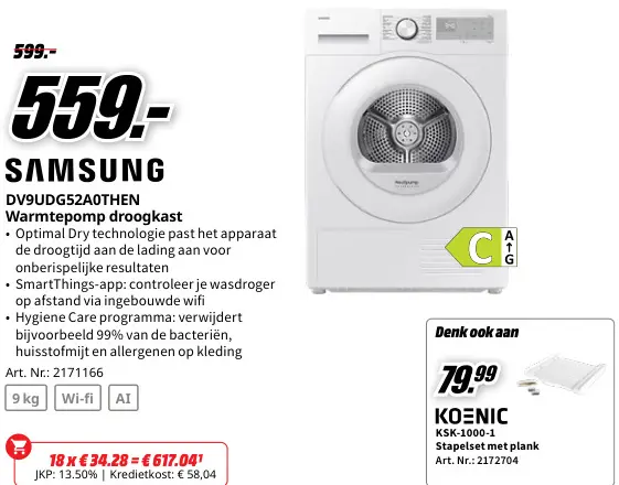 Promotie: SAMSUNG DV9UDG52A0THEN Warmtepomp droogkast