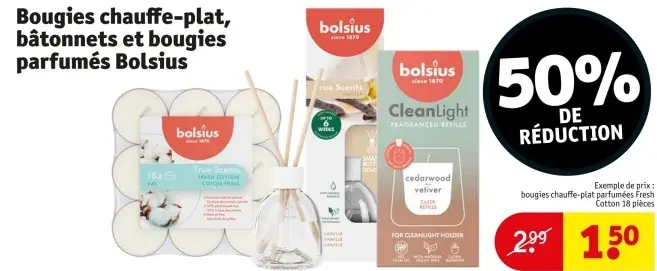 Offre: Bougies chauffe-plat, bâtonnets et bougies parfumés Bolsius