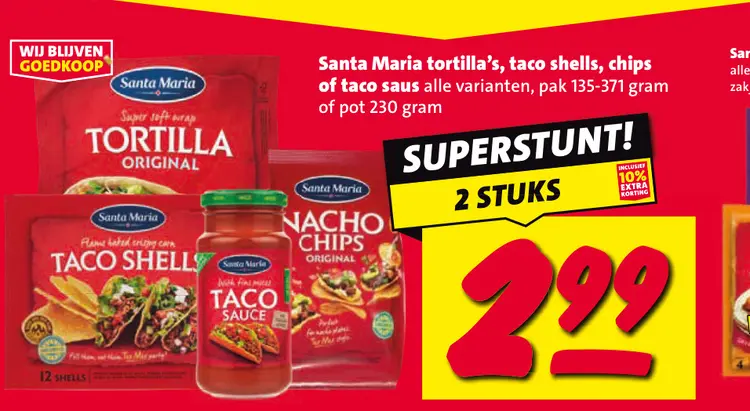 Aanbieding: Santa Maria tortilla's, taco shells, chips of taco saus