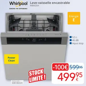 Offre: Whirlpool Lave-vaisselle encastrable WB6020X
