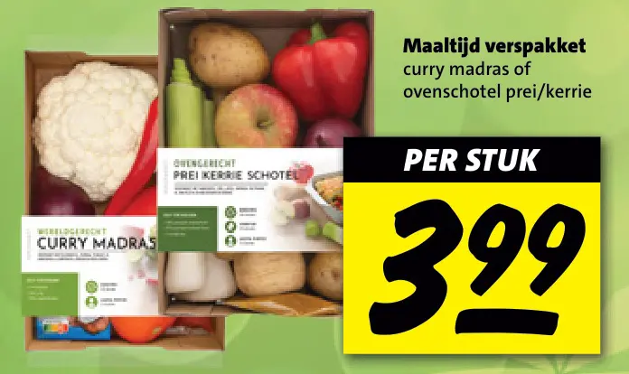 Aanbieding: Maaltijd verspakket curry madras of ovenschotel prei/kerrie