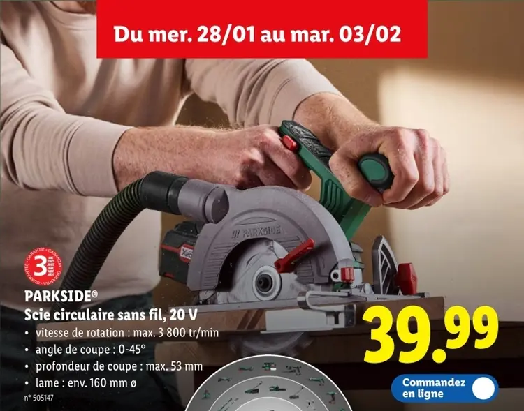 Offre: Scie circulaire sans fil, 20 V