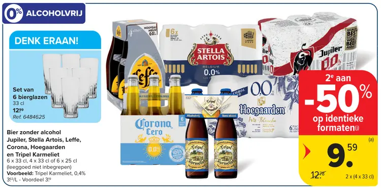 Promotie: Bier zonder alcohol Jupiler, Stella Artois, Leffe, Corona, Hoegaarden en Tripel Karmeliet