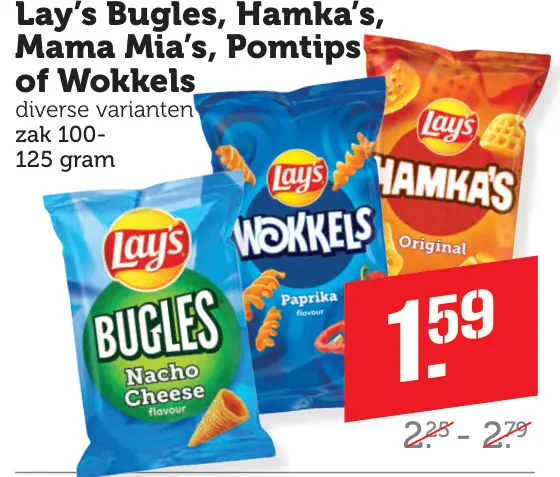 Aanbieding: Bugles, Hamka's, Mama Mia's, Pomtips of Wokkels