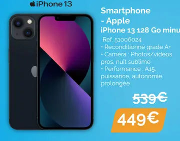 Offre: Smartphone - Apple iPhone 13 128 Go minuit