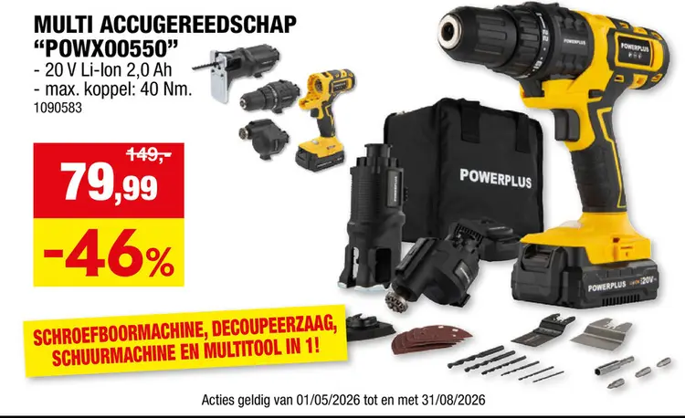 Promotie: Powerplus POWX00550 meerkoppig gereedschap 5-in-1 20V Li-Ion + lader + 25 accessoires