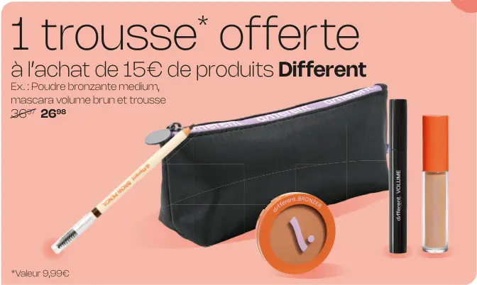 Offre: Different Poudre bronzante medium, mascara volume brun et trousse