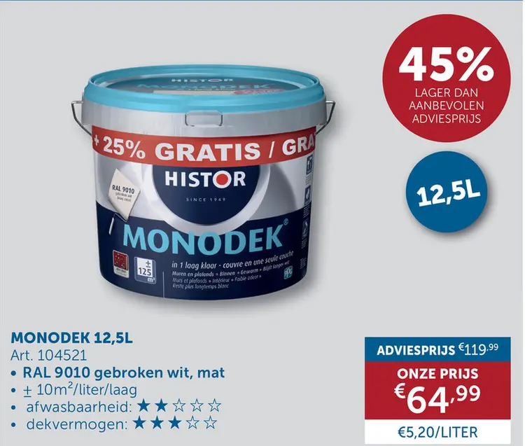 Aanbieding: Histor Monodek Ral 9010 Mat 10l+2,5l Gratis