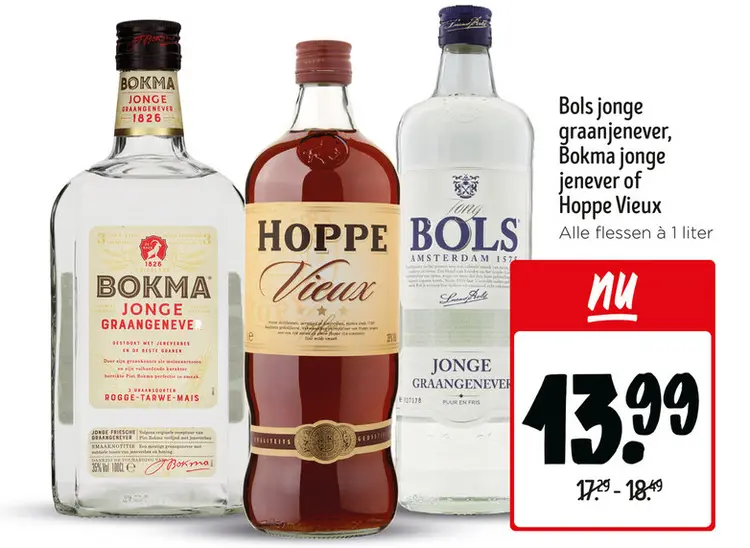 Aanbieding: Bols jonge graanjenever, Bokma jonge jenever of Hoppe Vieux