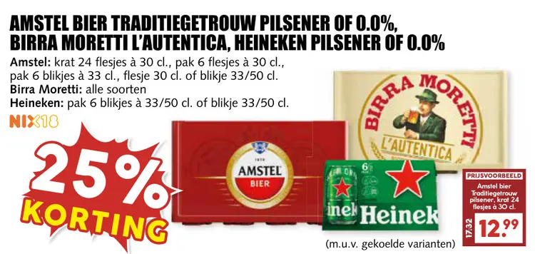 Aanbieding: Amstel Bier Traditiegetrouw pilsener of 0.0%, Birra Moretti l'Authentica, Heineken pilsener of 0.0%