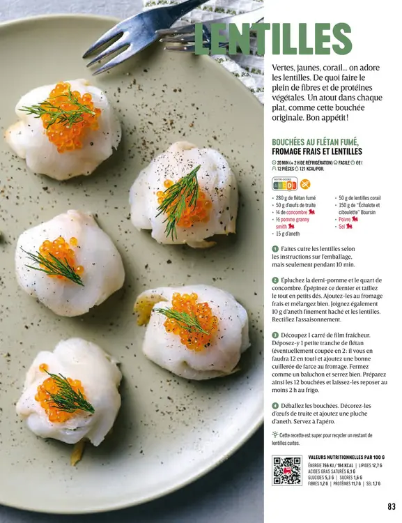 Offre: Bouchées au flétan fumé, fromage frais et len