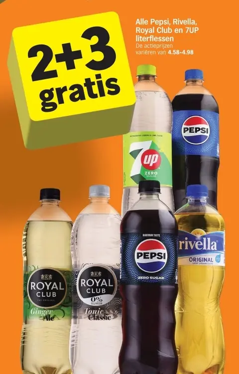 Aanbieding: Pepsi, Rivella, Royal Club en 7UP literflessen