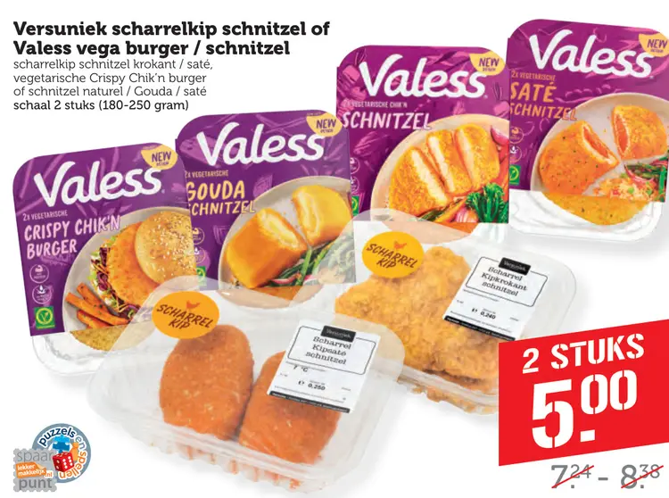 Aanbieding: Versuniek scharrelkip schnitzel of Valess vega burger / schnitzel