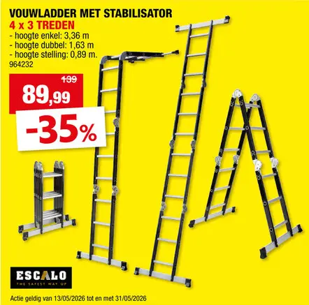 Promotie: Escalo vouwladder met stabilisator 4x3 sporten