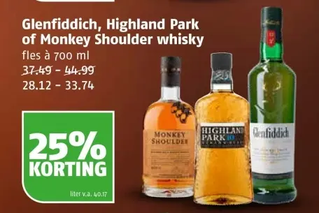 Aanbieding: Glenfiddich, Highland Park of Monkey Shoulder Whisky