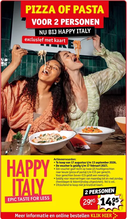 Aanbieding: Happy Italy Pizza of Pasta voor 2 personen