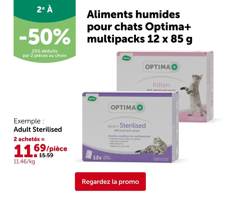 Offre: Aliments humides pour chats Optima+ multipacks 12 x 85 g