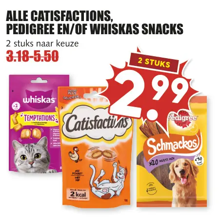 Aanbieding: Catisfactions, Pedigree en/of Whiskas snacks