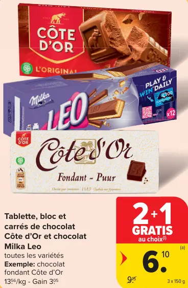 Offre: Tablette, bloc et carrés de chocolat