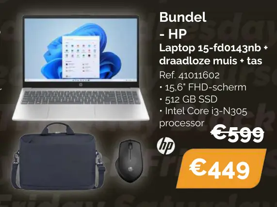 Aanbieding: Laptop 15-fd0143nb + draadloze muis + tas