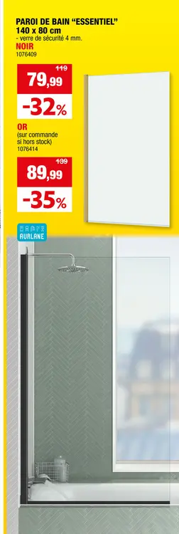 Offre: Aurlane Essentiel pare-baignoire 140x80 cm or