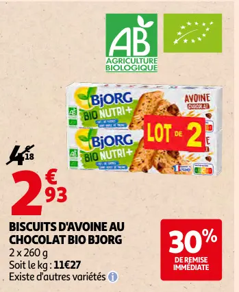 Offre: Biscuits d'avoine au chocolat bio