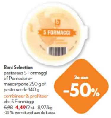 Promotie: pastasaus 5 Formaggi of Pomodoro-mascarpone