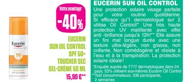 Offre: Eucerin Sun Oil Control SPF 50+ Toucher Sec Gel-Crème Peau à Imperfections et Grasse avec pompe 50ml