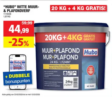 Promotie: Hubo muur- en plafondverf 24kg mat wit
