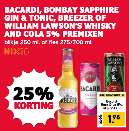 Aanbieding: Bacardi, Bombay Sapphire gin & tonic, Breezer of William Lawson's whisky and cola 5% premixen