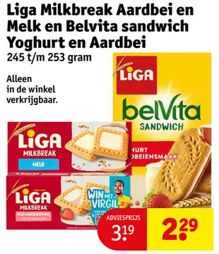 Aanbieding: Liga Milkbreak Aardbei en Melk en Belvita sandwich Yoghurt en Aardbei