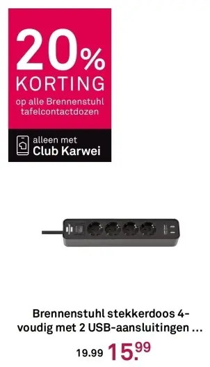 Aanbieding: stekkerdoos 4-voudig met 2 USB-aansluitingen