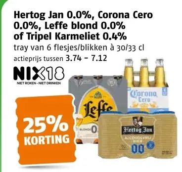Aanbieding: Hertog Jan 0.0%, Corona Cero 0.0%, Leffe blond 0.0% of Tripel Karmeliet 0.0%