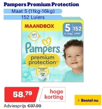 Aanbieding: Pampers Premium Protection - Maat 5 (11kg-16kg) - 152 Luiers - Maandbox