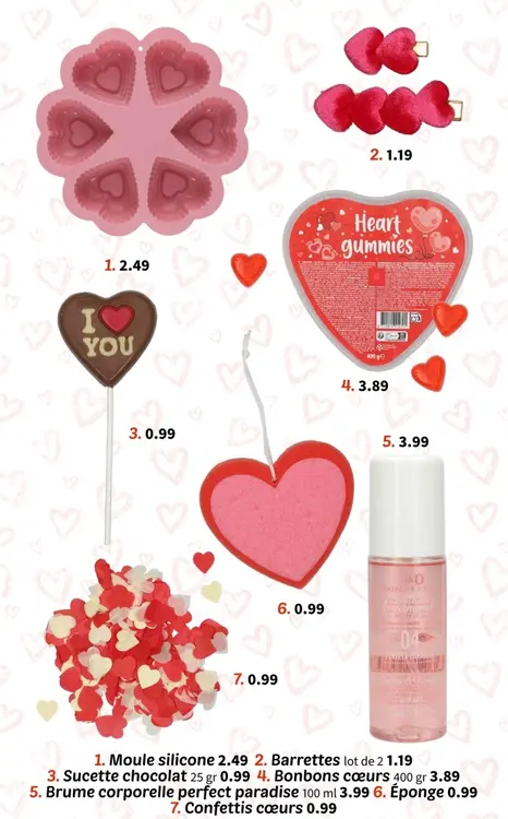 Offre: Saint-Valentin - Moule silicone, barrettes, sucette chocolat, bonbons coeurs, brume corporelle, éponge ou confettis coeurs