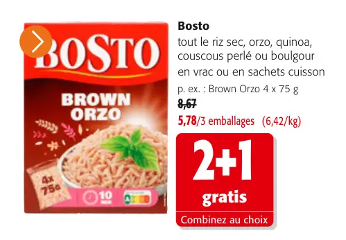 Offre: tout le riz sec, orzo, quinoa, couscous perlé