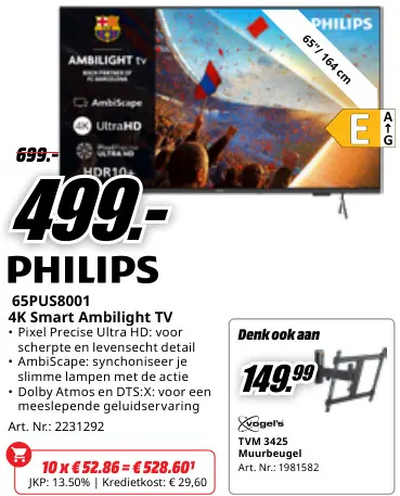 Promotie: Philips 65PUS8001 4K Smart Ambilight TV