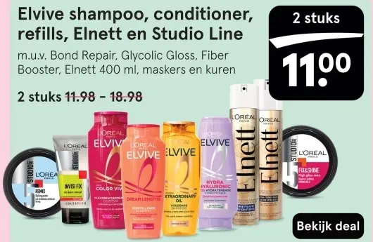 Aanbieding: Elvive shampoo, conditioner, refills, Elnett en Studio Line