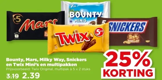 Aanbieding: Bounty, Mars, Milky Way, Snickers en Twix Mini's en multipakken