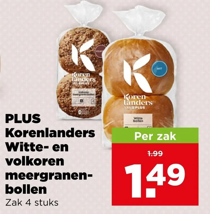 Aanbieding: PLUS Korenlanders Witte- en volkoren meergranenbollen