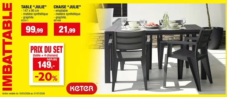 Offre: Julie table de jardin 147x90x75 cm graphite