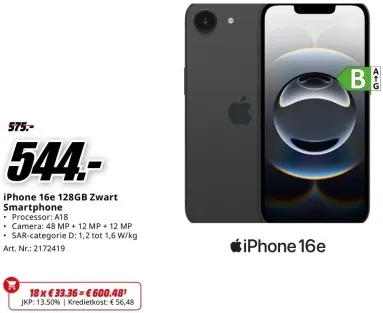 Promotie: iPhone 16e 128GB Zwart Smartphone