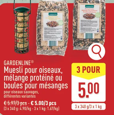 Offre: Muesli pour oiseaux, mélange protéiné ou boules pour mésanges