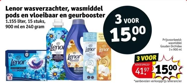 Aanbieding: Lenor wasverzachter, wasmiddel pods en vloeibaar en geurbooster